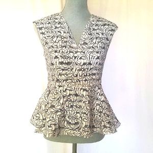 7 Avenue Womens White Black Embroidered Print Sleeveless Peplum Top Sz S